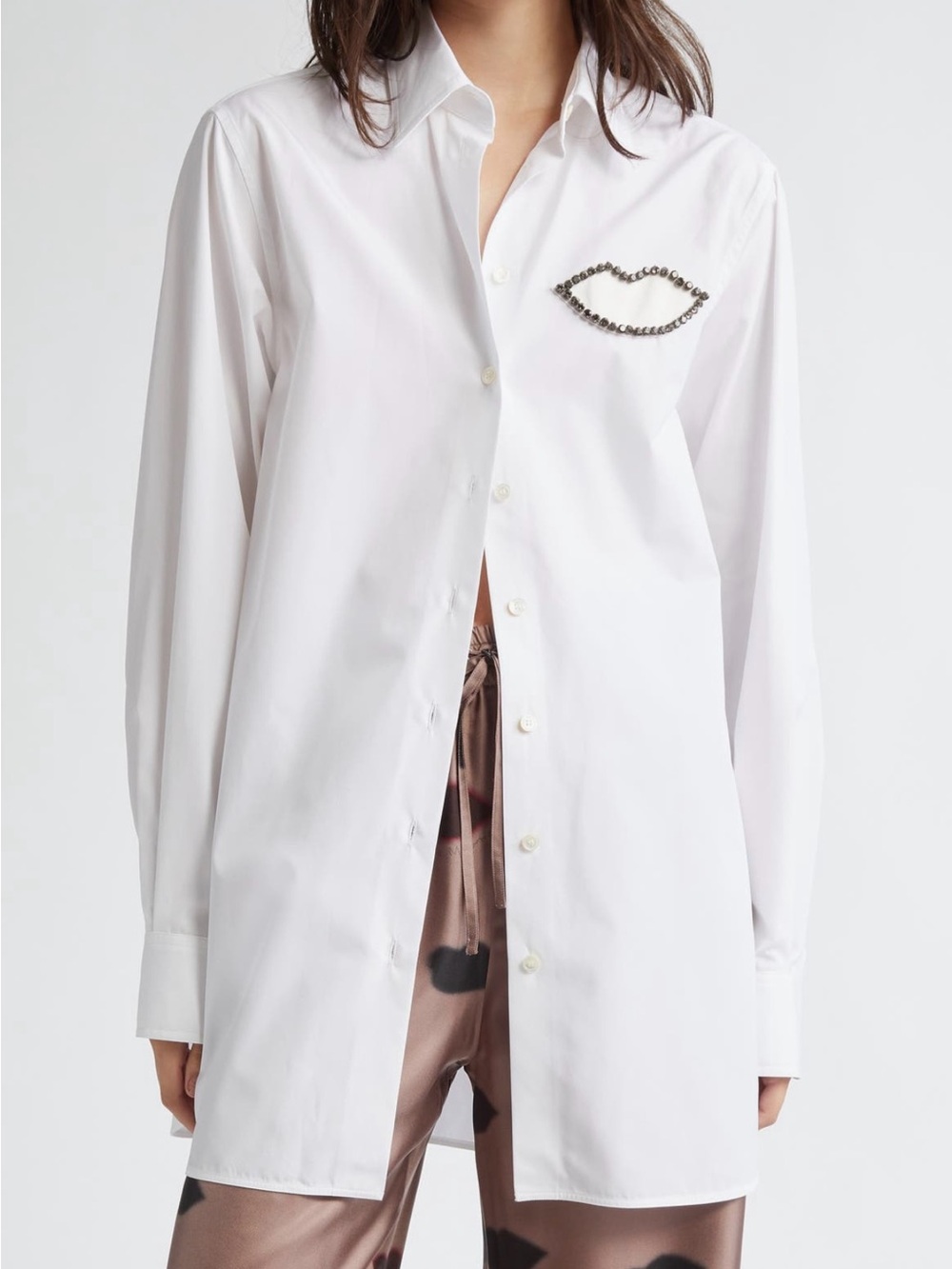 Stella McCartney White Button-Down Shirt with Embellished Lip Detail Size 40